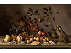 STILLEBEN MIT FRÜCHTEN, MUSCHELN UND EINEM SITZENDEN AFFEN by Balthasar van der Ast